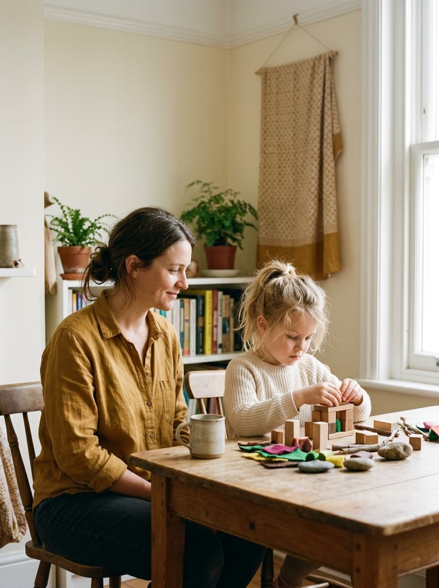 Parent and child learning together at a warm wooden table