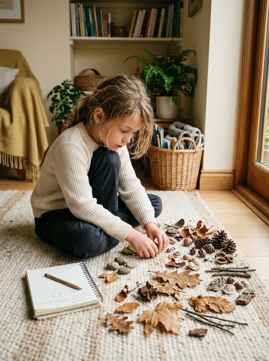Child quietly learning through play with natural materials on the floor